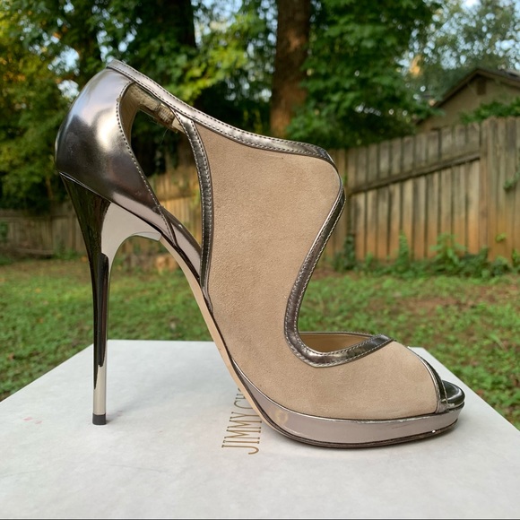 Jimmy Choo Leondra 120 SMT nude suede mirror leather pumps 39 - Picture 10 of 15